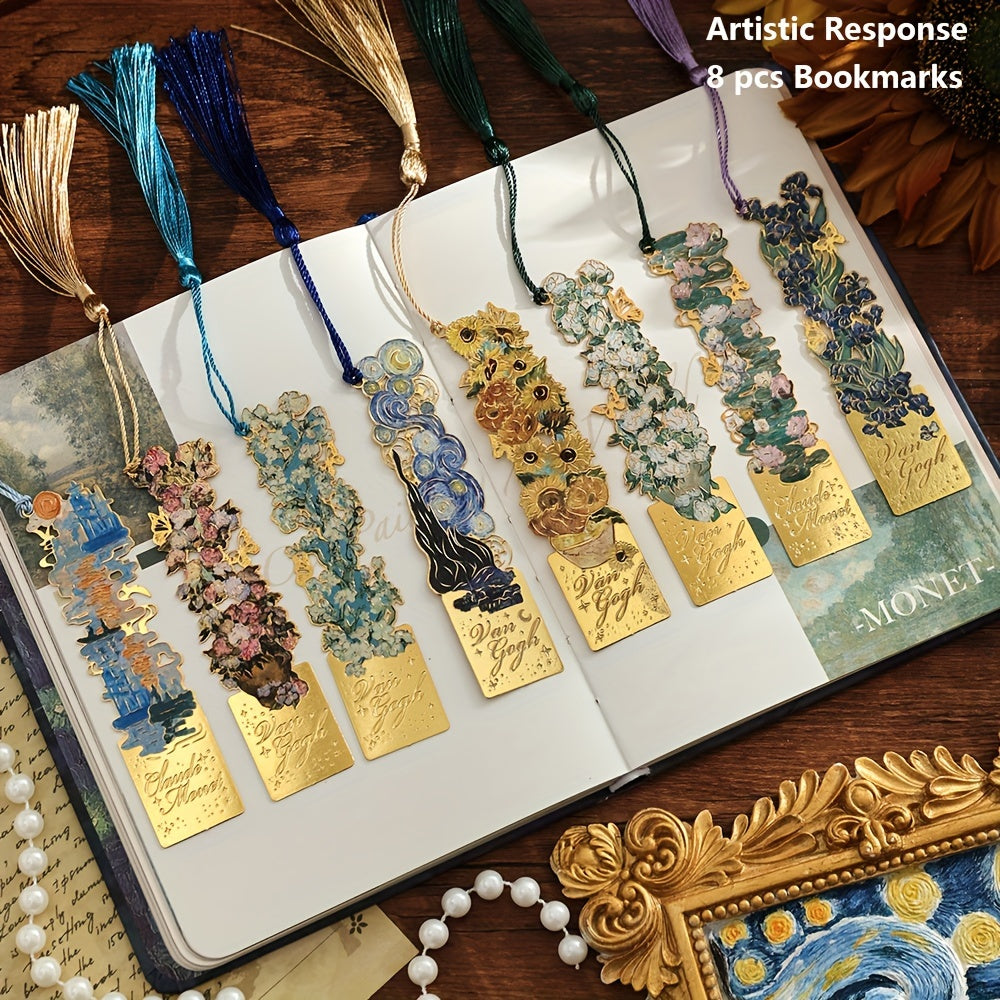 8pcs Metal Vintage Artistic Bookmarks with Long Tassels, Retro Hollow Design for Book Lovers, Students & Office Use