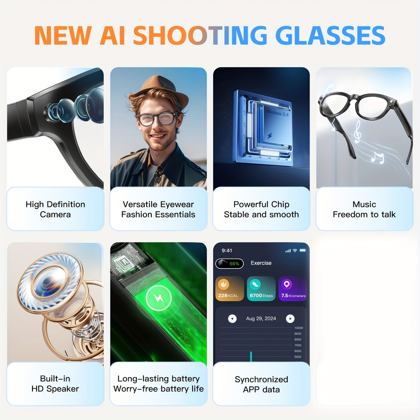 AI Voice Assistant Smart Glasses - Wireless Audio Calls, AI Translation, Remote Camera and Music Playback, Camera with LED Flashlight, Seamless App Connectivity for Recording Sports & Walking Data, the Perfect Gift