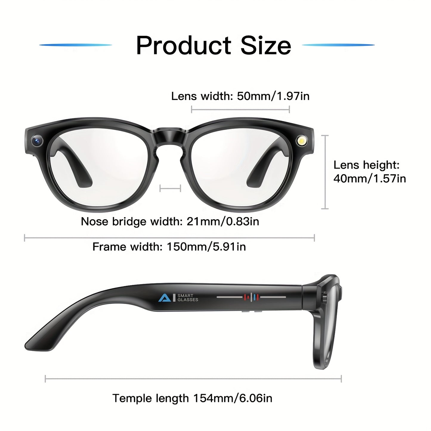 AI Voice Assistant Smart Glasses - Wireless Audio Calls, AI Translation, Remote Camera and Music Playback, Camera with LED Flashlight, Seamless App Connectivity for Recording Sports & Walking Data, the Perfect Gift