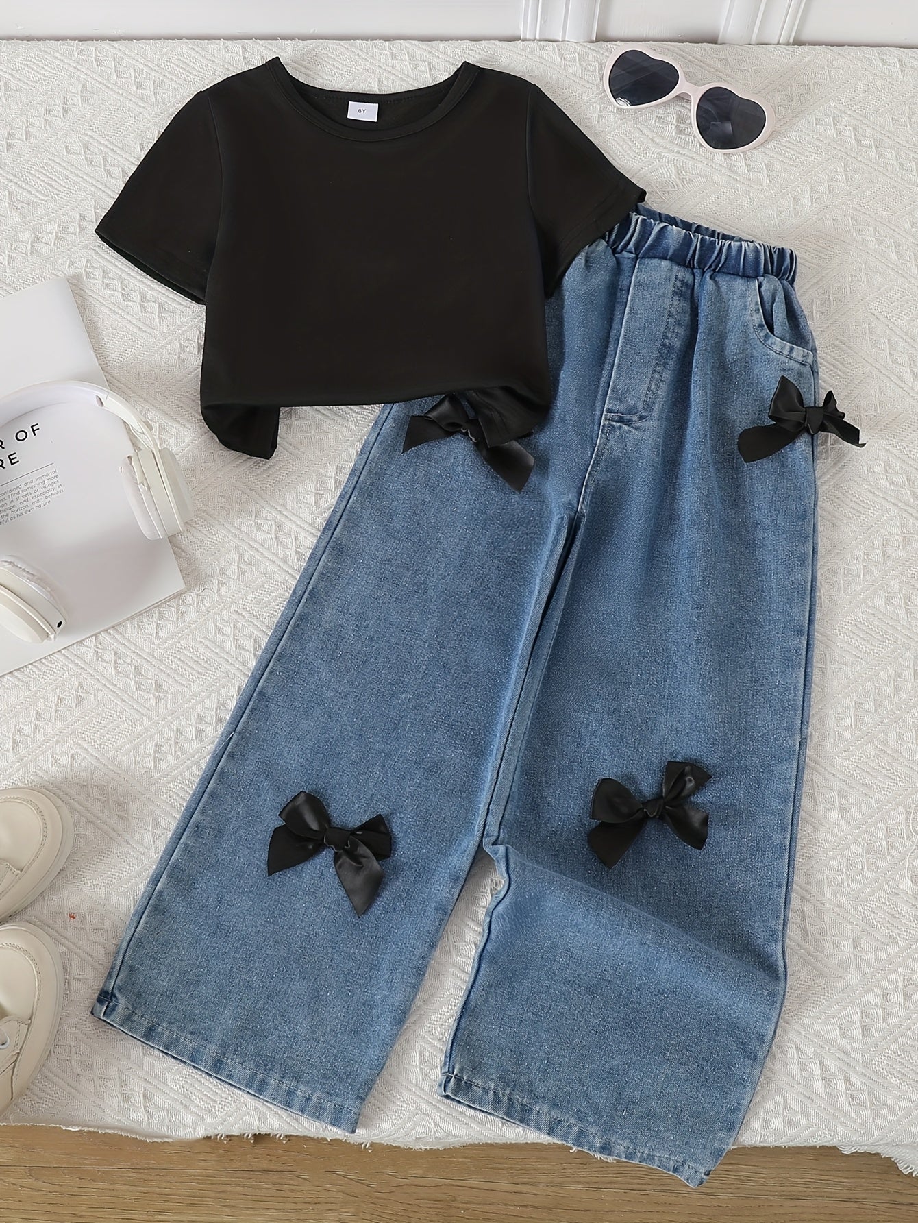 Girls' Pink Bow-Tie Denim Outfit - Short Sleeve T-Shirt & High-Waisted Pants with Adjustable Drawstring Waist, Soft Non-Stretch Fabric, Casual Spring Summer Fall Playwear, Denim Shorts for Girls, Spring Summer Clothing, Playful Design, Soft Fabric, Perfec