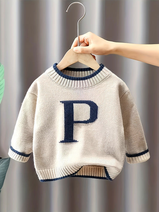 Boys' Sleeveless Knit Sweater with Bold 'P' Letter Design - Soft 50% Nylon/50% Polyester Blend, Ribbed Cuffs & Round Neck, Long Length for Toddlers 0-3 Years, Autumn Winter Casual Outfit