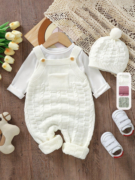 DOVFANNY 2pcs Baby Outfit Set, Acrylic Knit Crew Neck Jumpsuit with Leggings and Matching Hat, Casual Solid Color, Slight Stretch, Sleeveless, Regular Fit for Fall/Winter, for Outdoor