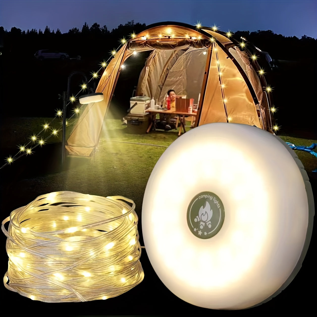 Pack of 1 Camping Light String, Warm Light USB Rechargeable Outdoor Camping Lamp, IP44 Portable Camping Light with 5 Modes and Adjustable Brightness, Durable Halloween Fairy Christmas Lights, Perfect for Thanksgiving