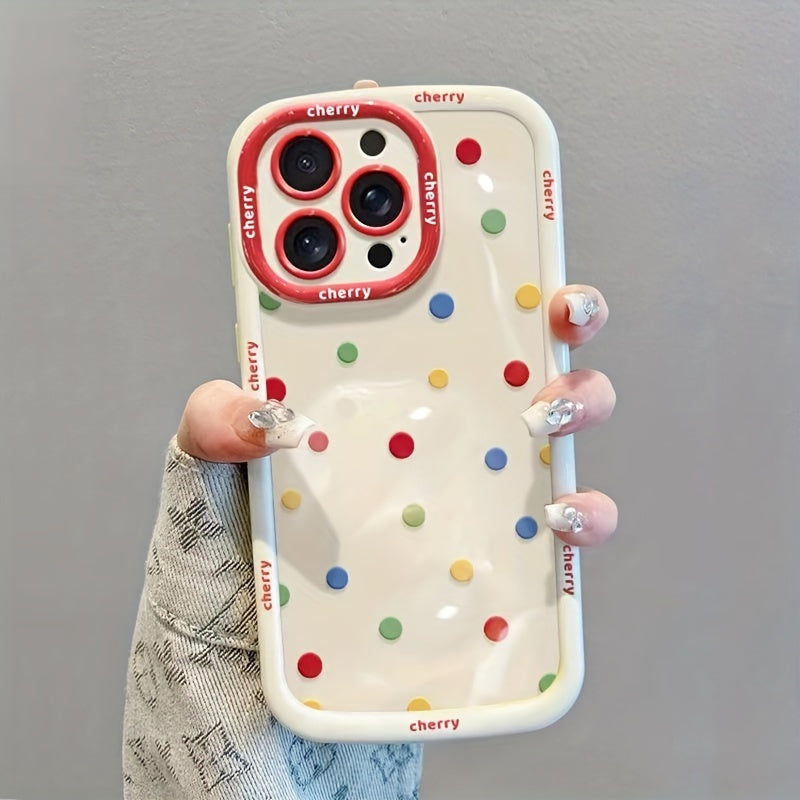 Cream shell painted cherry doll with colorful polka dot phone case with hanging rope for iPhone 11 12 13 14 15 16 promax