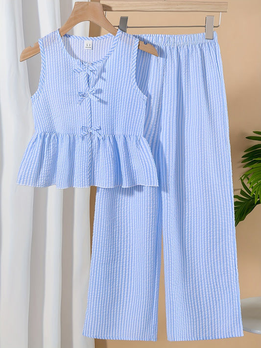 Girls' New Fashion Striped Ruffle Top + Casual Wide-Leg Pants Two-Piece Set, Perfect for Outdoor