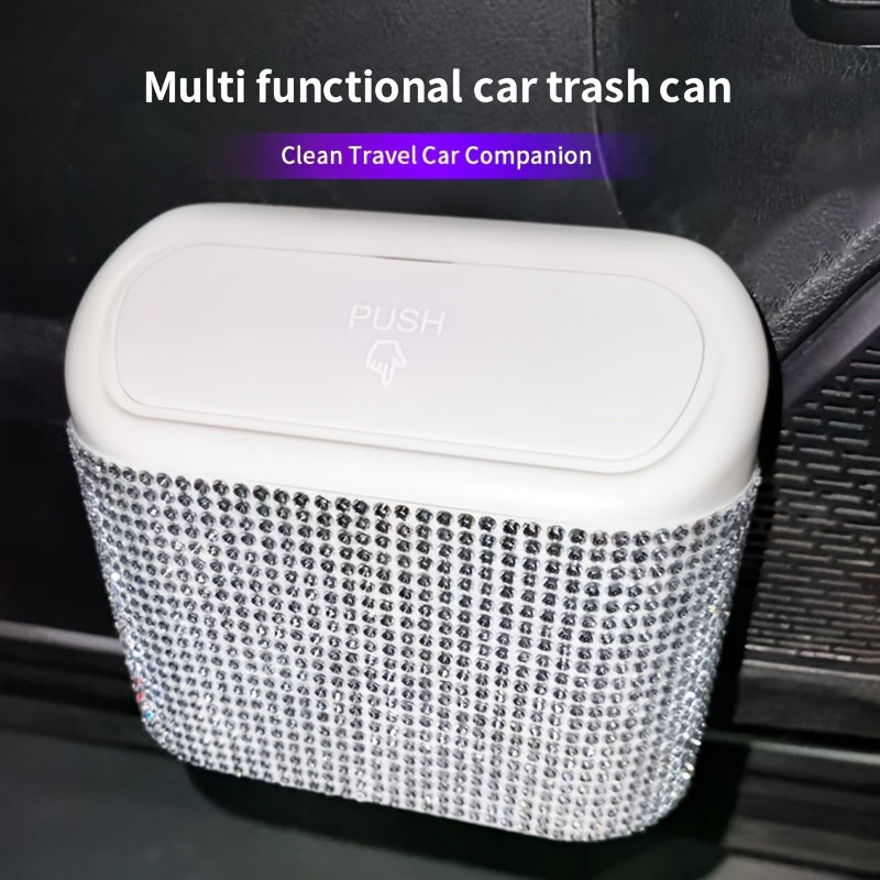Artificial rhinestone inlaid car trash can, car interior hanging storage bin automatic lid trash can bag multi-functional mother car accessories