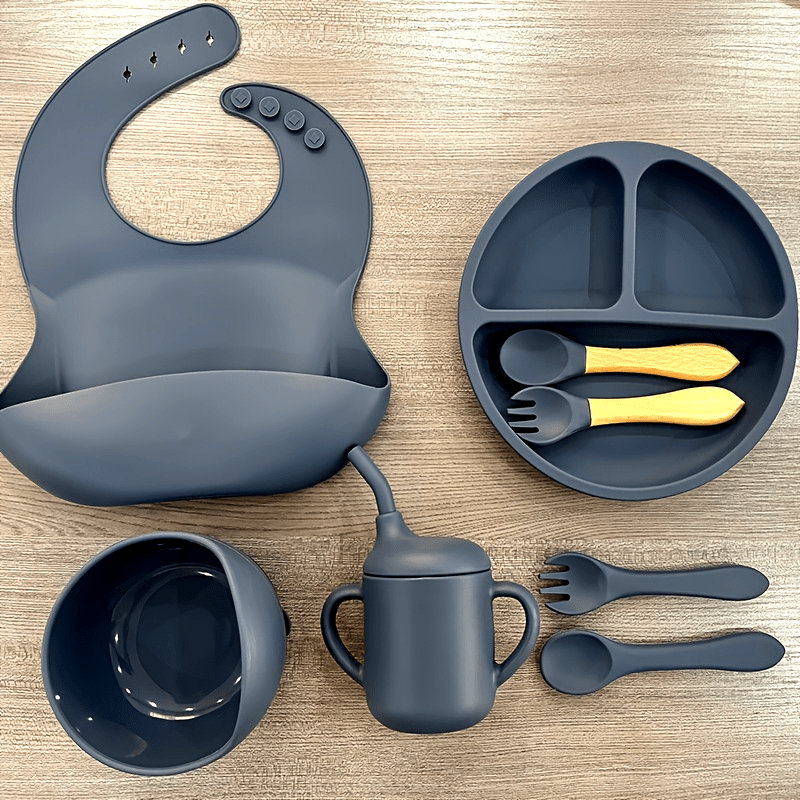 WHZWYK Silicone Baby Feeding Set - Microwave & Oven Safe - For 0-3 Years - Includes Suction Plate, Soft Bowl, Spoons, Forks, Adjustable Bib, Snack Cup - Self-Feeding Supplies