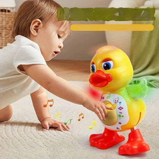 Interactive Dancing Duck Toy with Music, Dynamic Lights, And Eye-Blinking Effects, Educational Cartoon Animal Toy, Durable Plastic Construction, with Battery Not Included, for Toddlers 0-3 Years, Ideal for Halloween And Christmas Gifts