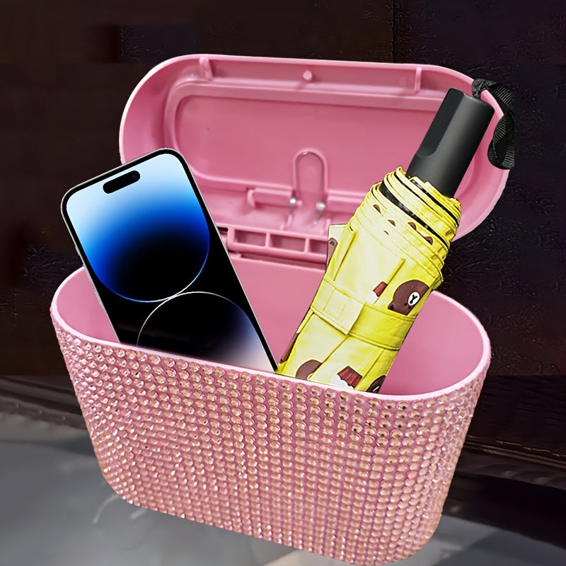 Artificial rhinestone inlaid car trash can, car interior hanging storage bin automatic lid trash can bag multi-functional mother car accessories