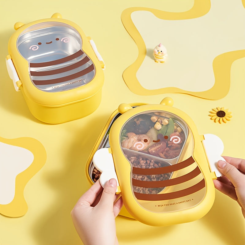 Leakproof Cartoon Bee Insulated Lunch Box - Stainless Steel Bento with Food-Grade Compartments, Thermal Meal Container for Students & Workers, Hand Washable
