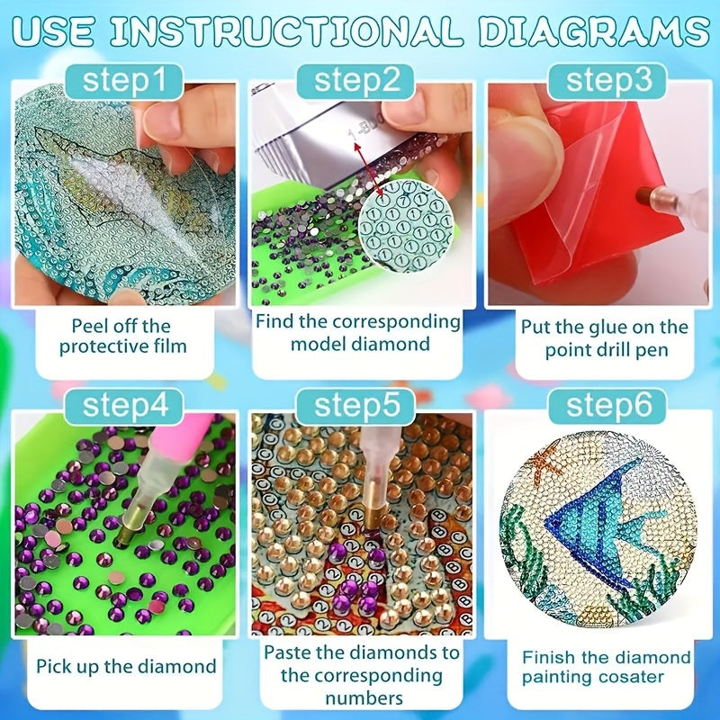8pcs/set Diamond Painting Kit - DIY White Undersea World Coasters with 10x10cm/3.94x3.94inch Size, Holder, Washable, for Beginners, Adults & Art Craft Supplies