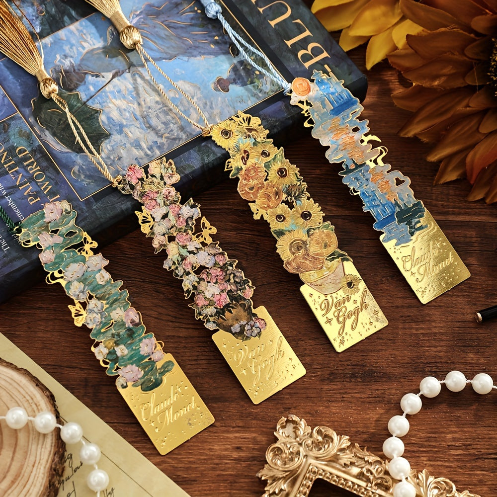 8pcs Metal Vintage Artistic Bookmarks with Long Tassels, Retro Hollow Design for Book Lovers, Students & Office Use