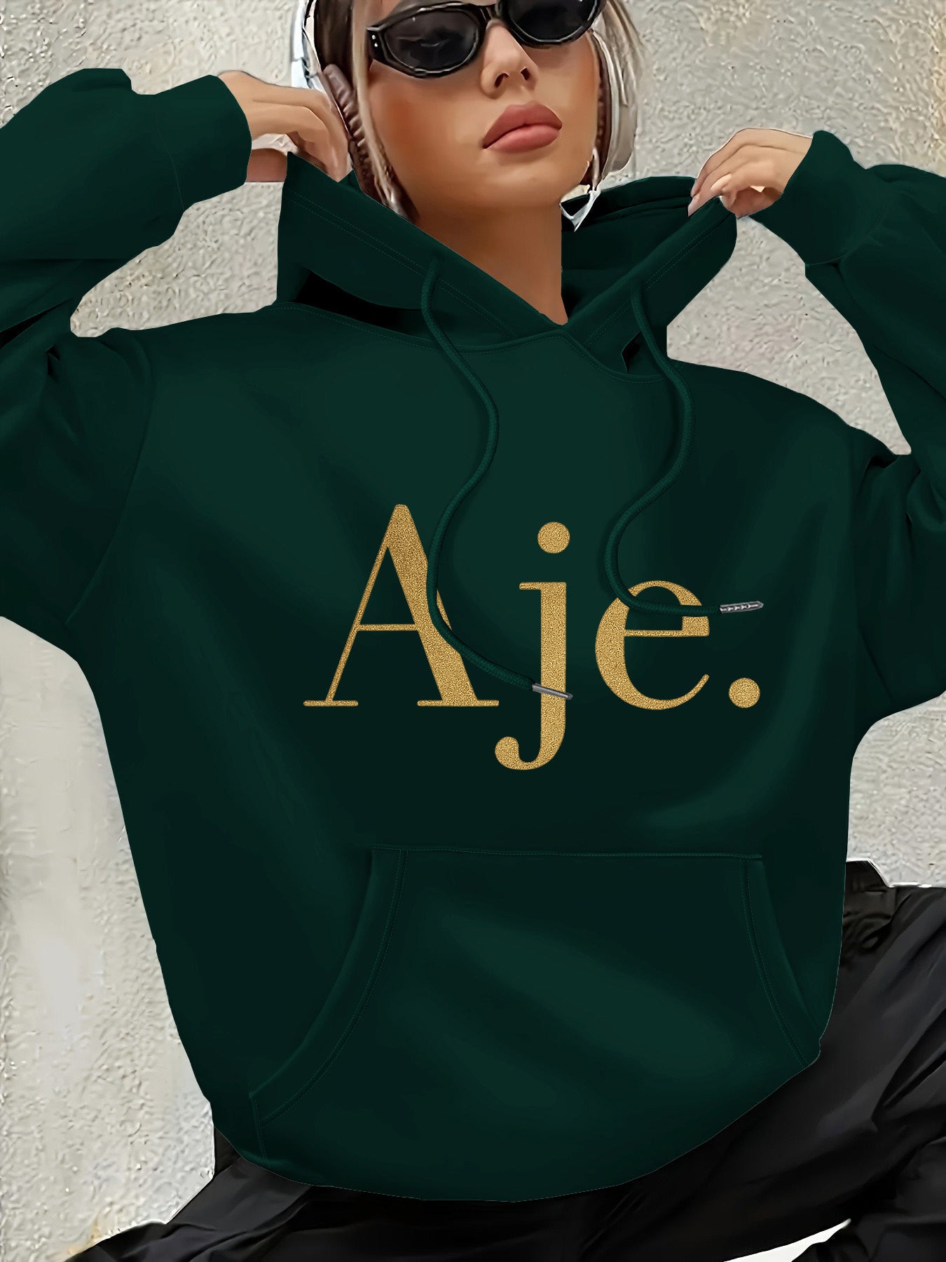 Aje Women's Fleece-Lined Hooded Sweatshirt - Golden Foil Lettering Print, Cozy Casual Pullover for Fall/Winter, Machine Washable, Cute Sweatshirts, Winter Outfit, Relaxed Fit, Comfortable Material, Printed Hoodie, Streetwear Lovers, Fall Fashion, Trendy H