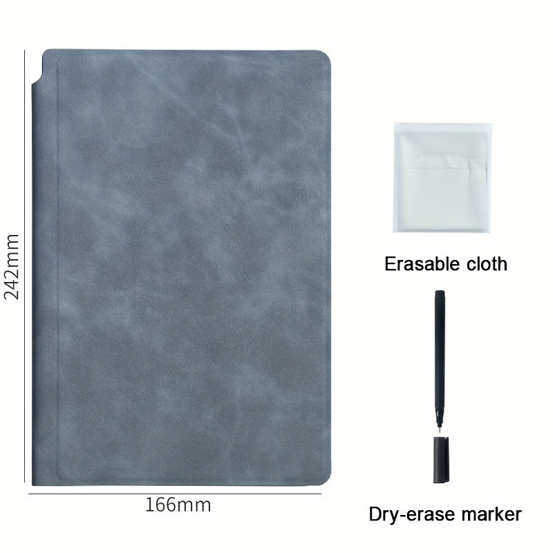A5 Reusable Whiteboard Notebook with Faux Leather Cover - Portable Weekly Planner, Math Formulae & Illustrations Erase Cleanly, Includes Pen & Cloth, Ideal for Office & School, Notebooks for School