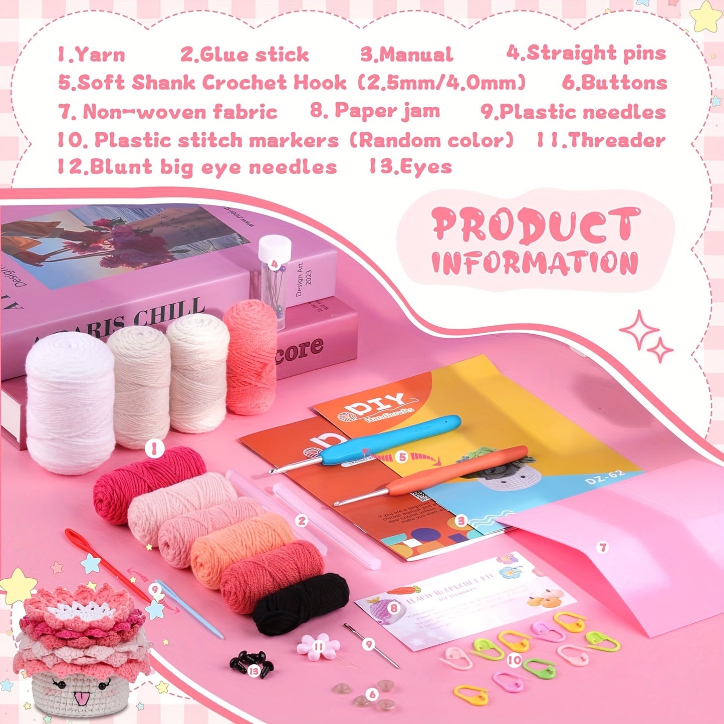 Crochet Set for Making Coasters Shaped Like Potted Plants, Complete with Video Guides And Crochet Hooks for Grown-Ups.