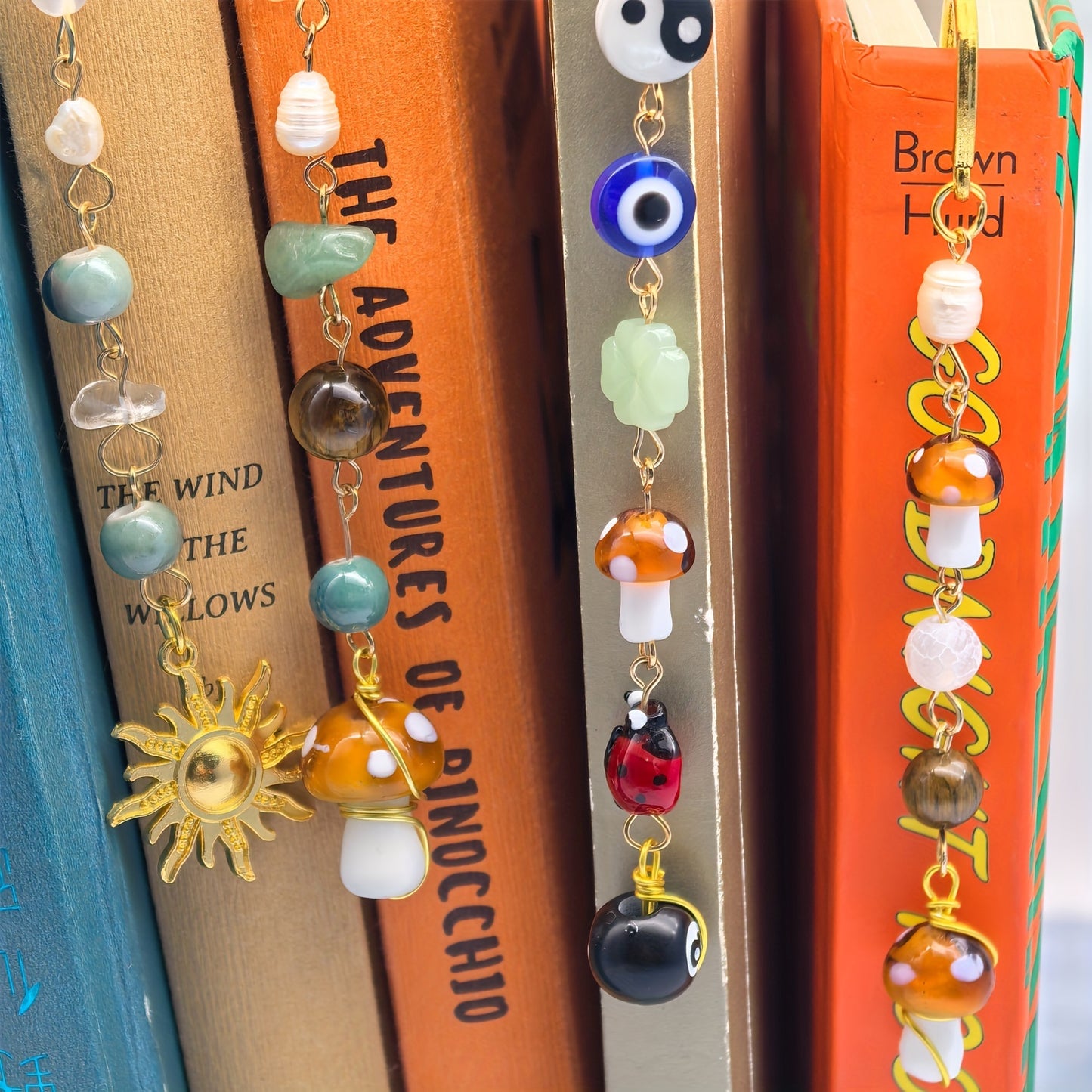Handcrafted Natural Stone Bookmarks Set - Vintage Mushroom, Sun, Evil Eye Designs | Perfect Gift for Book Lovers & Friends