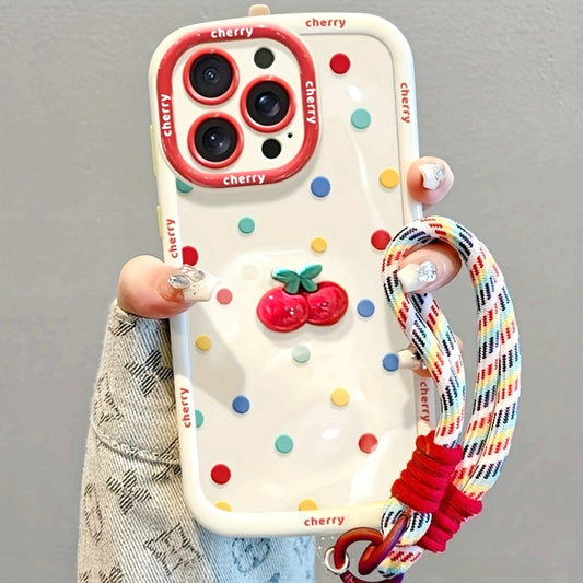Cream shell painted cherry doll with colorful polka dot phone case with hanging rope for iPhone 11 12 13 14 15 16 promax
