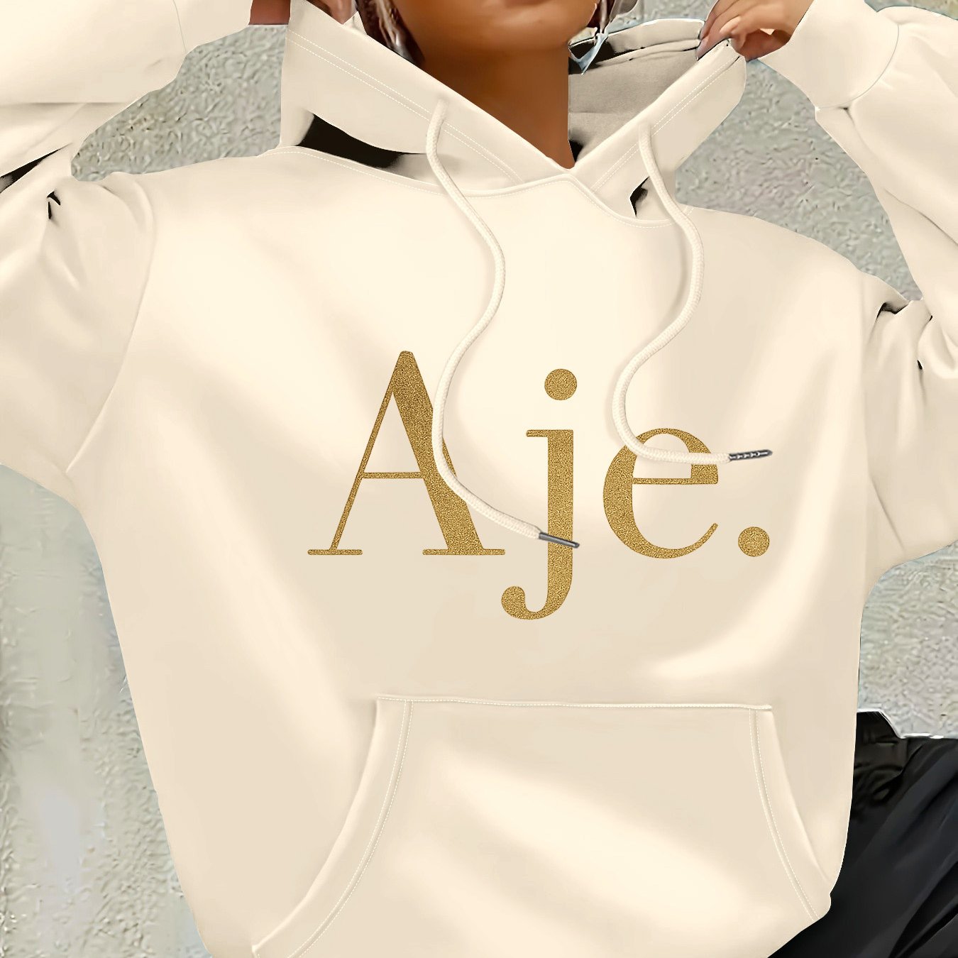 Aje Women's Fleece-Lined Hooded Sweatshirt - Golden Foil Lettering Print, Cozy Casual Pullover for Fall/Winter, Machine Washable, Cute Sweatshirts, Winter Outfit, Relaxed Fit, Comfortable Material, Printed Hoodie, Streetwear Lovers, Fall Fashion, Trendy H