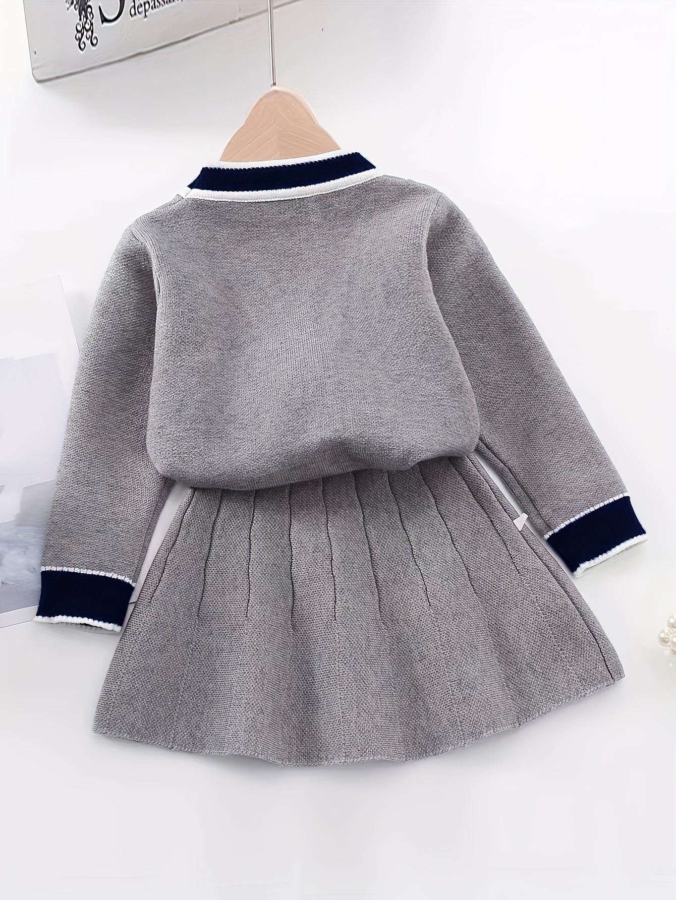 Girls Preppy Style Cardigan And Skirt Set - V-Neck Long Sleeve Top with Button Front & Pockets, Elastic Waistband, Ribbed Texture, Solid Color, Perfect for Fall, Casual Attire | Preppy Clothing | Construction, Clothes for Youngster