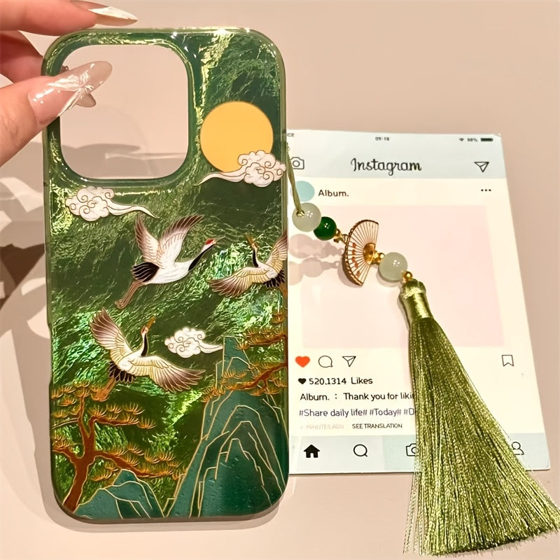 Vortex Pattern High Mountain Auspicious Cloud Crane Phone Case with Ancient Fan Tassel for iPhone 11 12 13 14 15 16 pro max