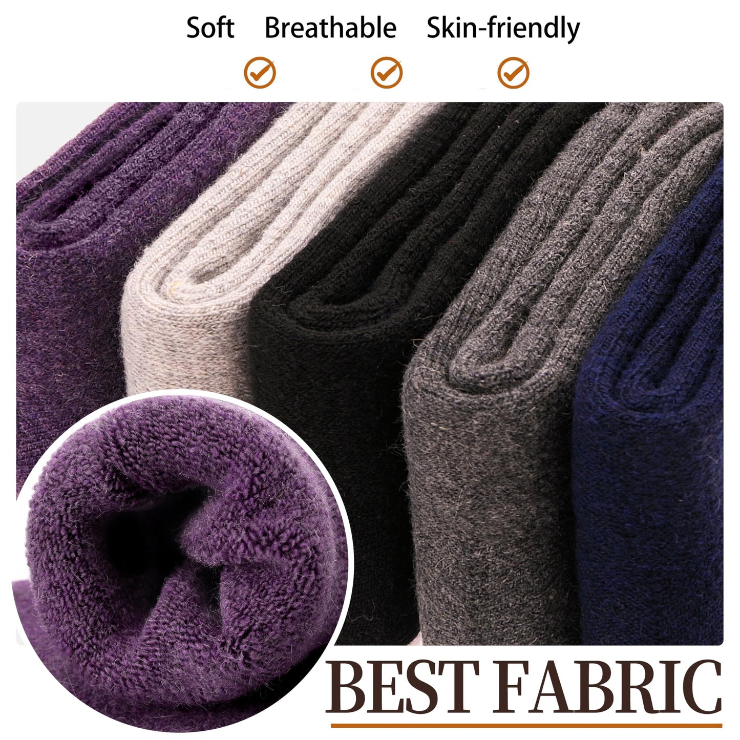 5 Pairs Merino Wool Hiking Socks, Thermal Warm Winter Thick Cushion Moisture Wicking Crew Boot Socks for Women, Perfect for Cold Weather, Winter Warm Essentials