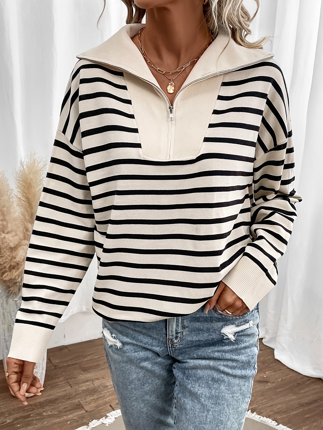 Long Sleeve Stripe Zip Up Collared Elegant Sweater for Fall & Winter, Women's Clothing, Drop Shoulder