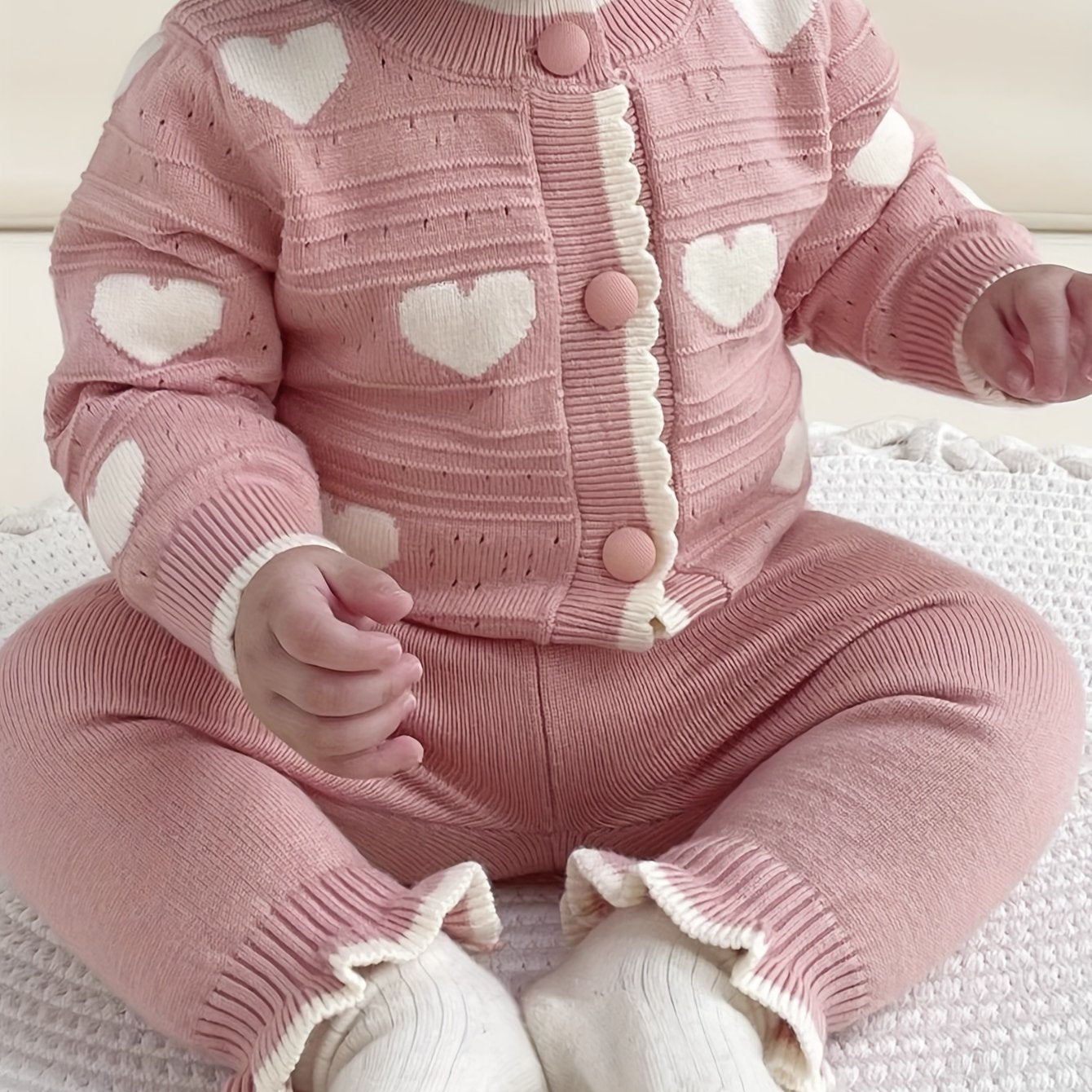 Newborn Baby Clothes Spring/Autumn Set for Girls with Heart Open Cardigan and Hollow Out Sweater Jacket Knit Pants Two-Piece Suit, Perfect for Outdoor