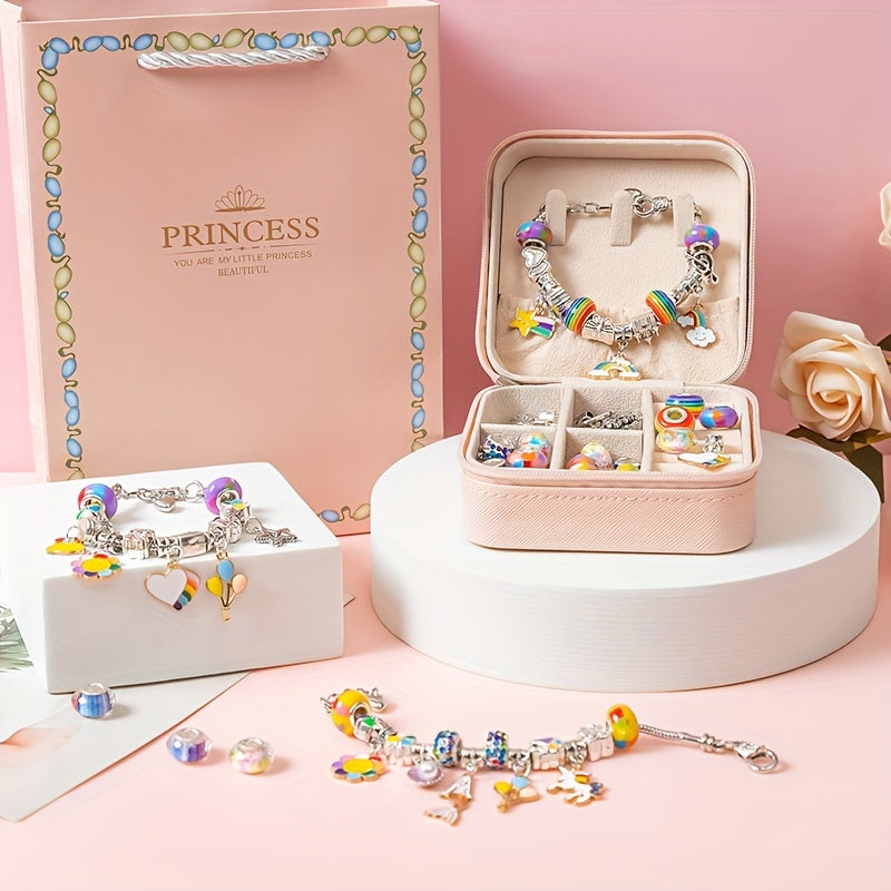 Charm bracelet making kits for girls DIY beads jewelry for gilrs crafts DIY bracelet with pink Faux Leather gift box