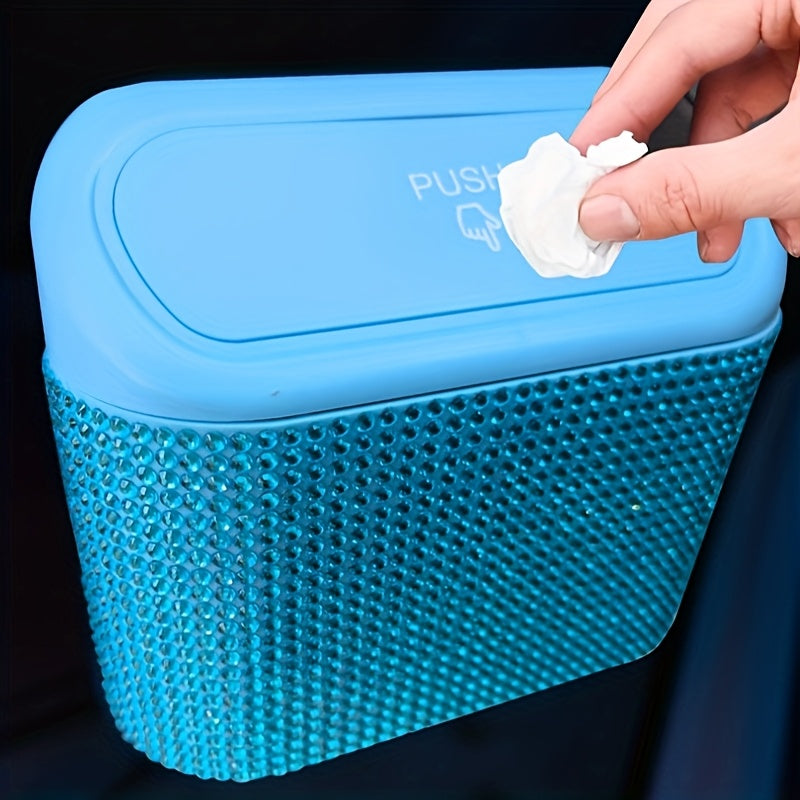 Artificial rhinestone inlaid car trash can, car interior hanging storage bin automatic lid trash can bag multi-functional mother car accessories