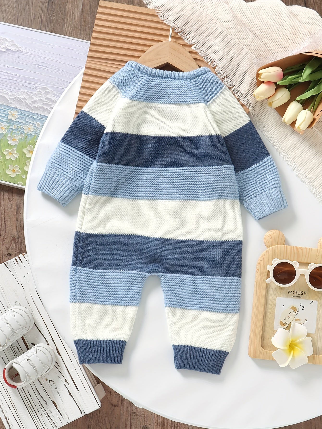 DOVFANNY Baby Boys' Striped Long-Sleeve Romper - Soft Acrylic Knit Jumpsuit with Button Front, Gray & Pink Horizontal Stripes, Perfect for Fall/Winter, Baby Boy Clothes, Fall Winter Apparel, Cozy Infantwear, Playful Infantwear, Durable Infantwear