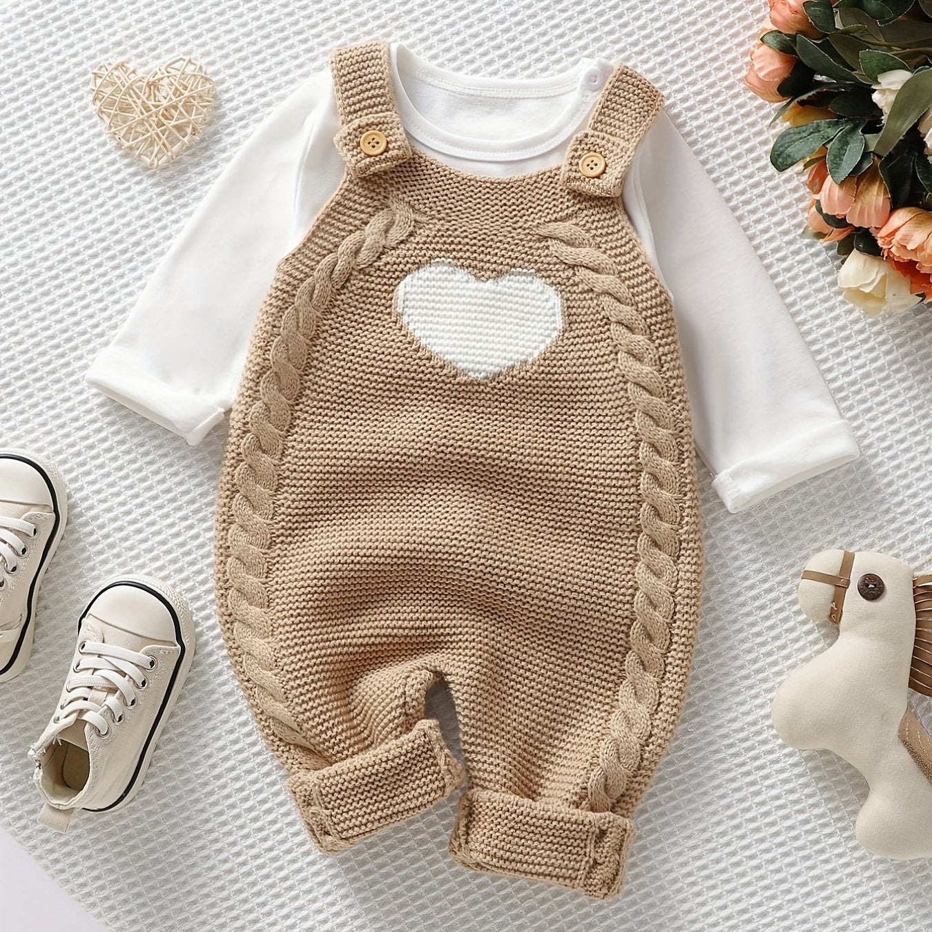 Unisex Bodysuit with Heart Jacquard Detail - Soft 100% Acrylic Square Neck Winter Outfit, Elastic Crotch & Snap Closure, Light Green Adorable Clothing for &, Perfect for Outdoor