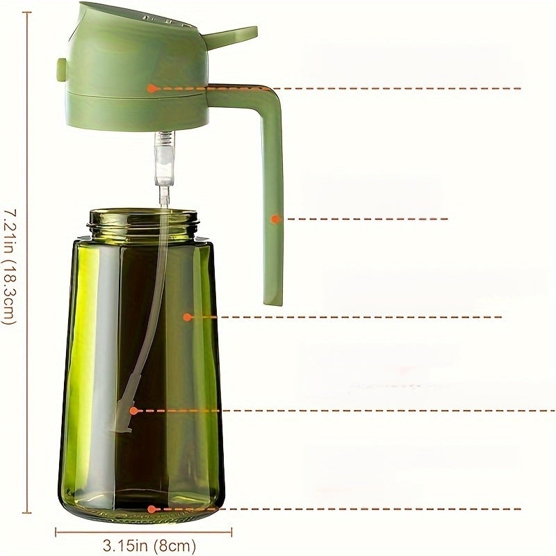 16oz Olive Green Glass Olive Oil Dispenser - 2-in-1 Oil Bottle and Cooking Sprayer with Auto Flip Cap and Label Stickers (Light Blocking)