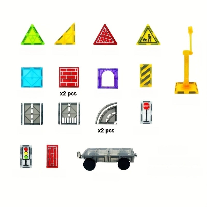 Magnetic Tiles Road Set with Magnet Crane Car Toys, Magnetic Building Blocks STEM Toys Creativity And Learning Construction Toys for Kids Age 3-6 Birthday Christmas Gifts (Random Color)