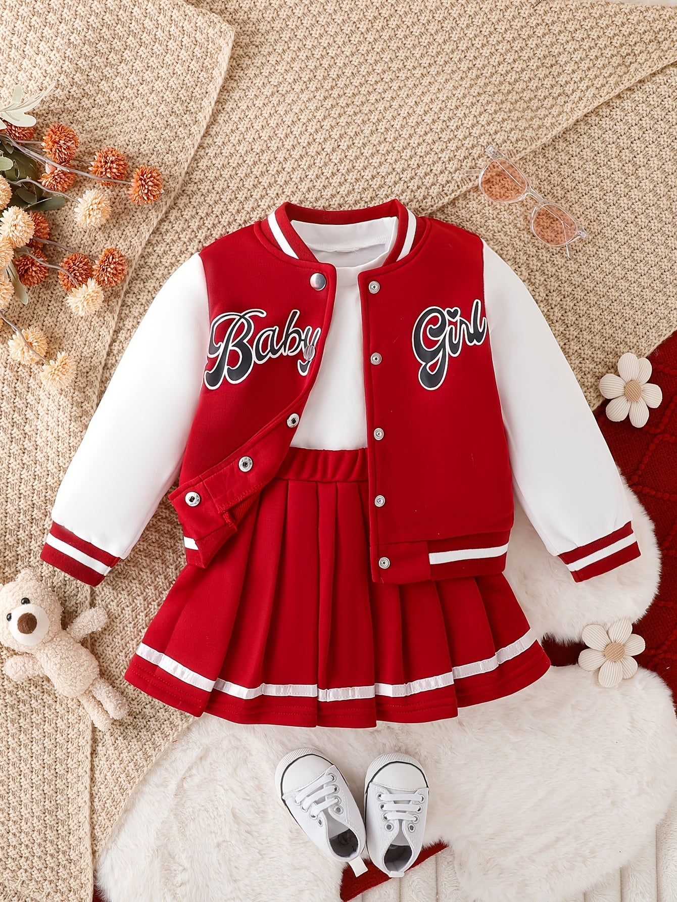 Girls' American Style Patchwork Baseball Jacket & Preppy Pleated Skirt Set, Long Sleeve Crew Neck with Alphabet Applique, Knee-Length Regular Fit for Fall/Winter, Perfect for Outdoor