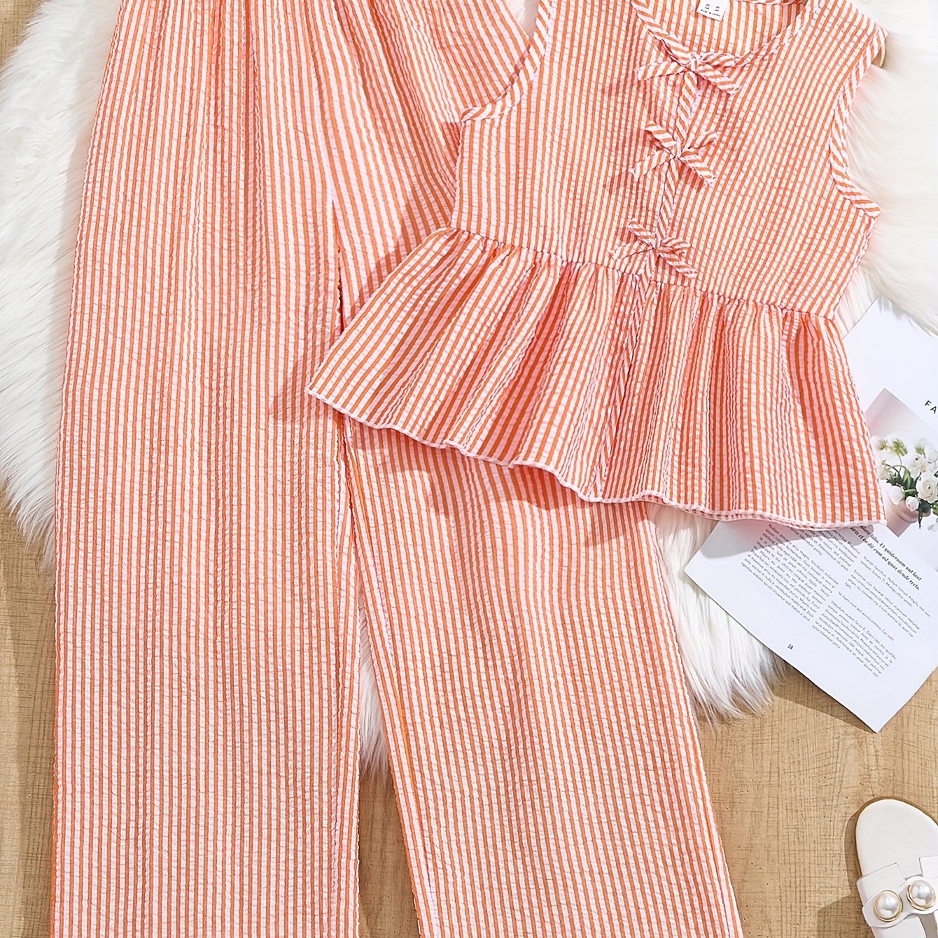 Girls' New Fashion Striped Ruffle Top + Casual Wide-Leg Pants Two-Piece Set, Perfect for Outdoor