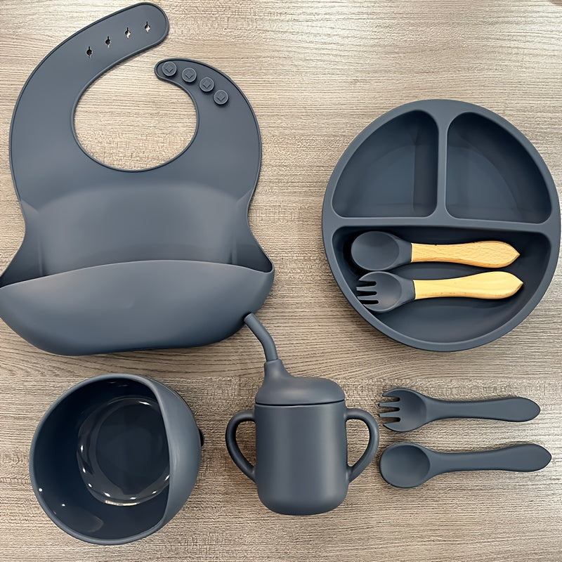 WHZWYK Silicone Baby Feeding Set - Microwave & Oven Safe - For 0-3 Years - Includes Suction Plate, Soft Bowl, Spoons, Forks, Adjustable Bib, Snack Cup - Self-Feeding Supplies