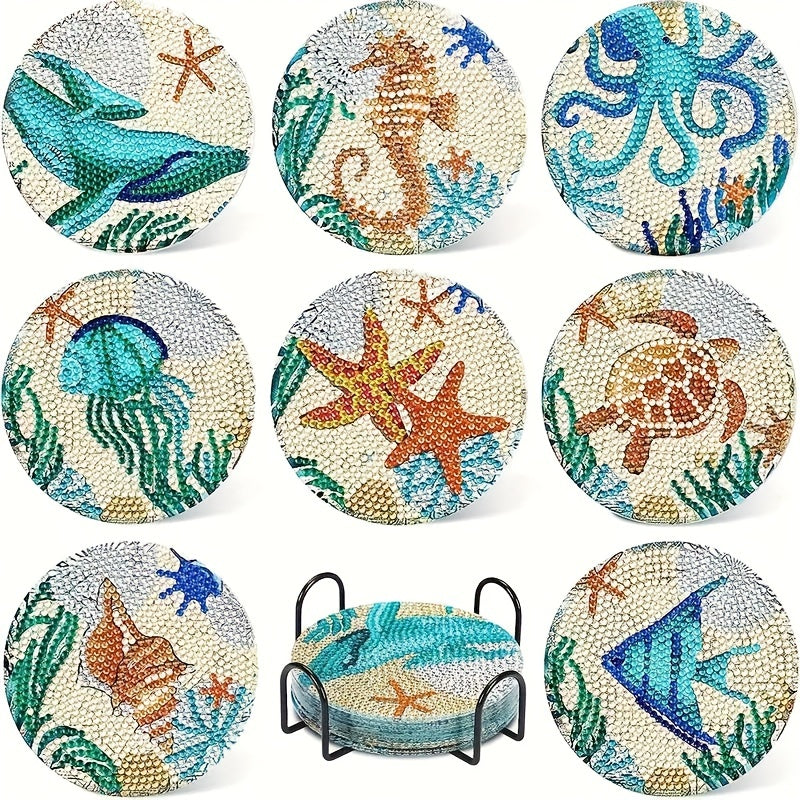 8pcs/set Diamond Painting Kit - DIY White Undersea World Coasters with 10x10cm/3.94x3.94inch Size, Holder, Washable, for Beginners, Adults & Art Craft Supplies