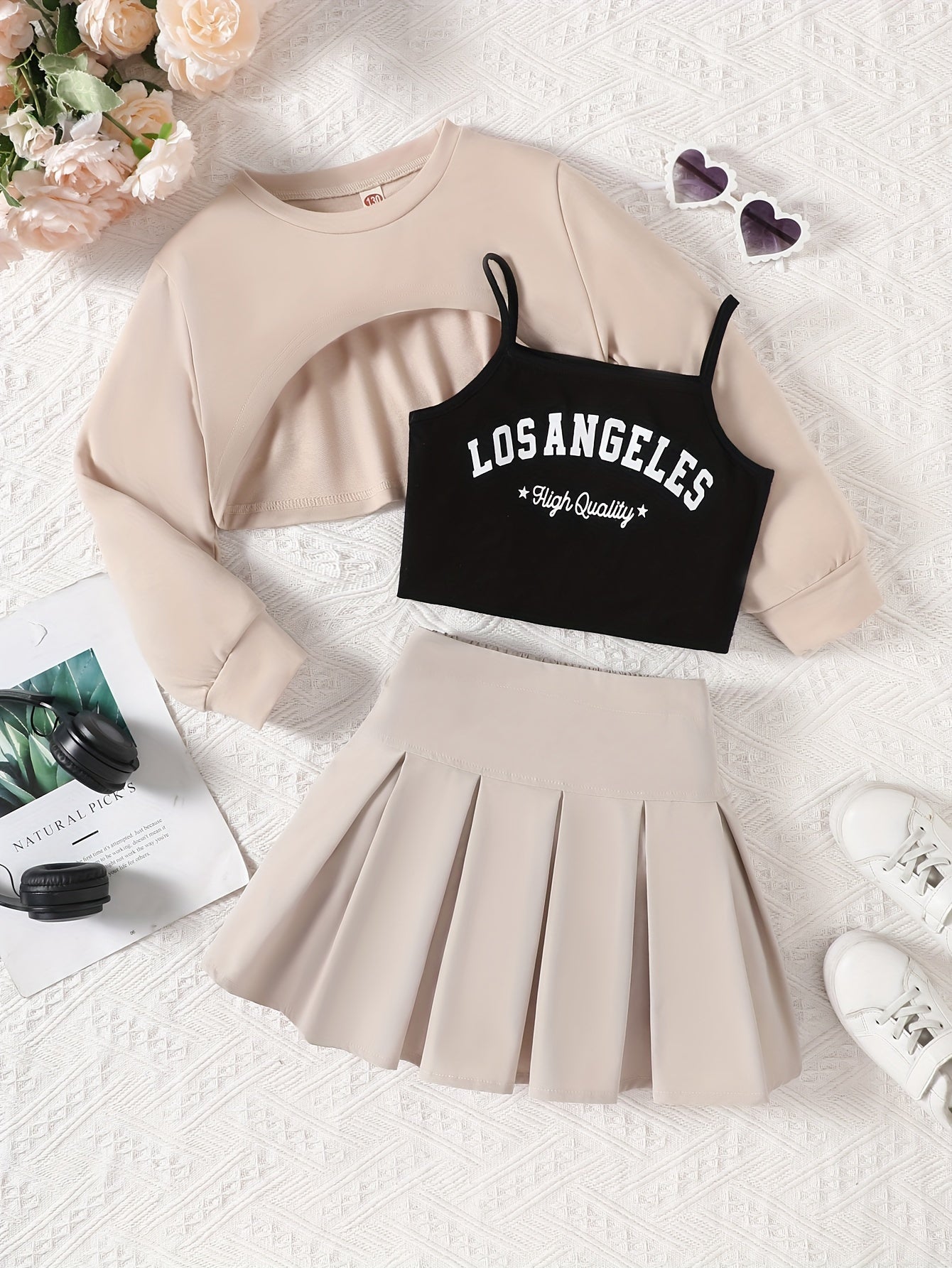 Girls' Spring/Autumn 3-Piece Outdoor Set, Long Sleeve Blouse, Los Angeles Print Cami Top And Pleated Skirt Set, Polyester Blend, Machine Washable