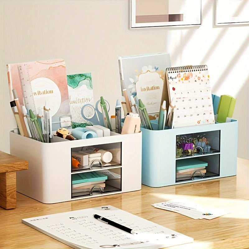 1pc Multi-Functional Plastic 5 Compartments Desk Organizer with 2 Drawers - Office Supply Caddy, Portable Desktop Storage for Stationery, Pens, Pencils, Art Supplies