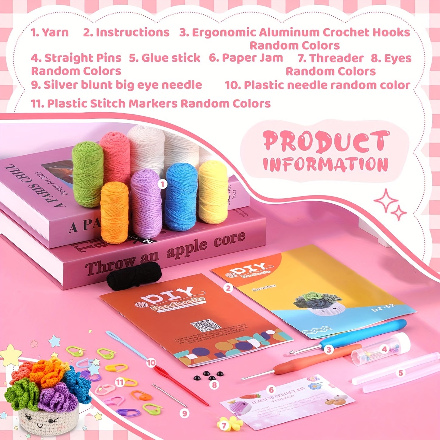Crochet Set for Making Coasters Shaped Like Potted Plants, Complete with Video Guides And Crochet Hooks for Grown-Ups.
