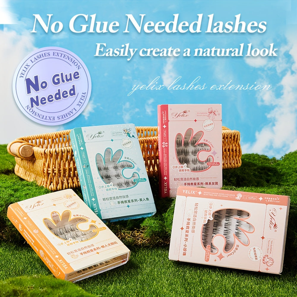 42 Clusters C/J Curl No Glue Needed Eyelash Extensions Handmade Grafting Individual False Eyelash Wispy Lashes Gift for Women & Girl