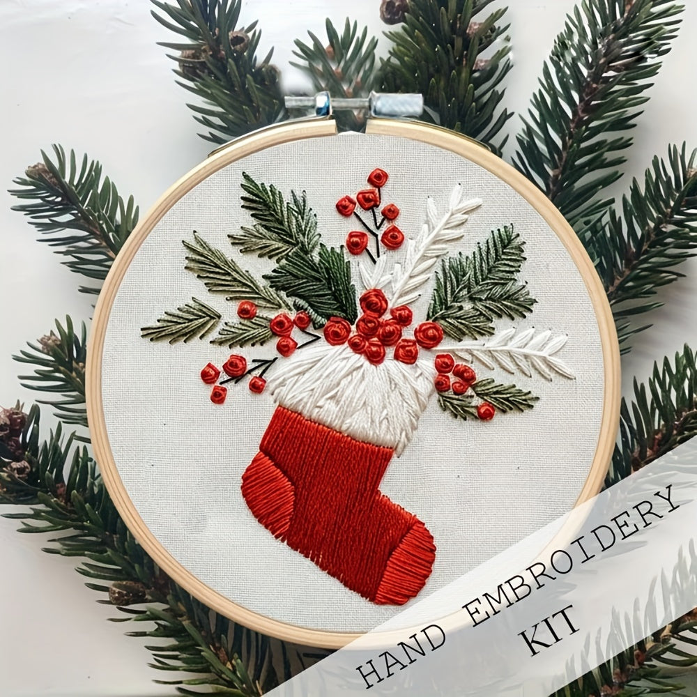 1pc Christmas Hand Embroidery Kit for Beginners, DIY Crafting Material Pack, Mixed Colors, Fabric, Seasonal All Year Round, Artwork, Sewing Supplies, Embroidery Supplies, Embroidery Hoop Kit