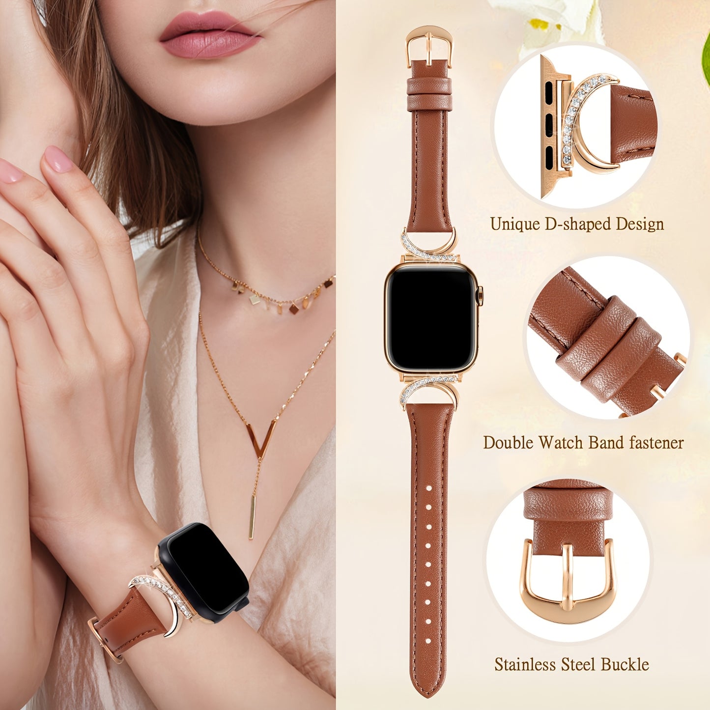Apple Watch Leather Strap - Ultra-thin Delicate C-shaped Golden Buckle - 41mm 40mm 38mm 42mm 44mm 45mm 46mm 49mm Replacement for Series 10 9 Ultra SE 8 7 6 5 4 3 2 1