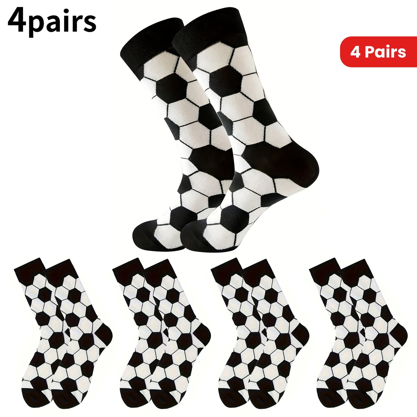4 Pairs Kids Socks, Black and White Soccer Pattern, Polyester 80%, Elastane 20%, All-Season Knit Fabric, Mid-Calf Striped Plaid, Hand Washable, Trendy Sports Style for Boys and Girls
