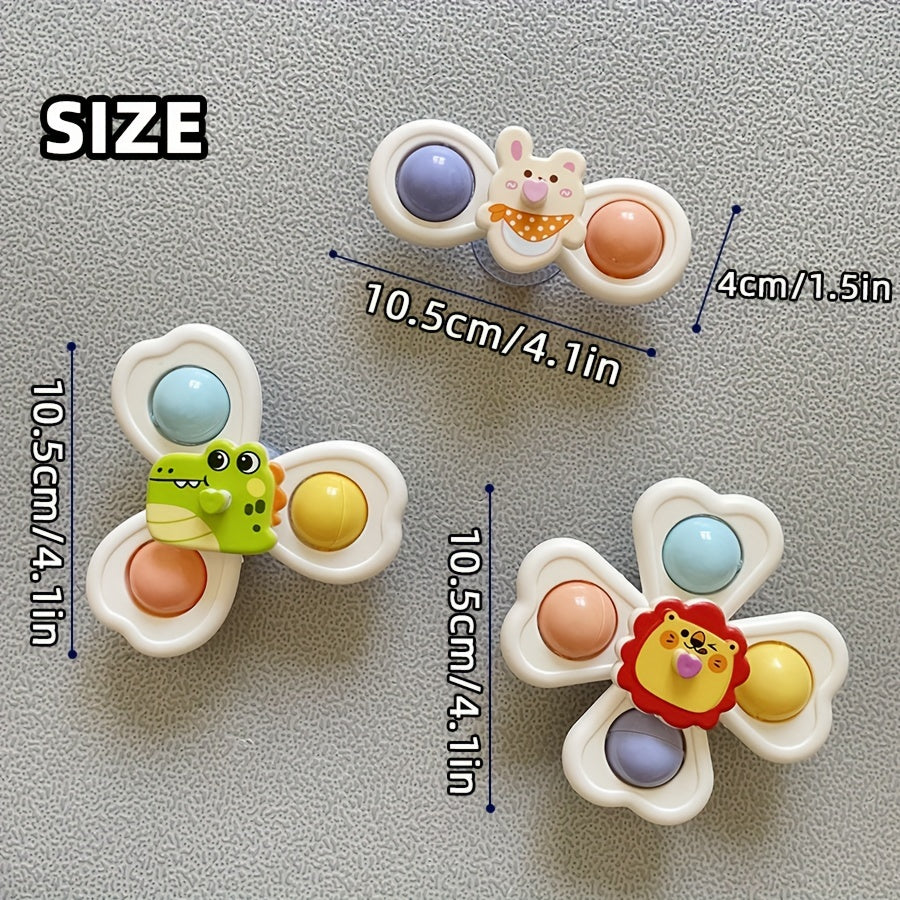 Set of 3 Colorful Cartoon Animal Suction Cup Tops - a Great Educational Toy for Early Childhood Learning, Perfect for Play in The Bathtub, at The Dining Table, And in The Bathroom. an Ideal Gift for Halloween, Thanksgiving, And Christmas, These Toys Can B