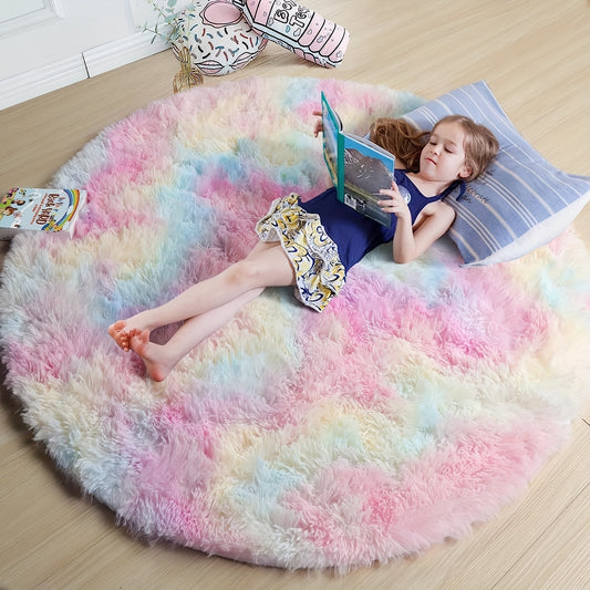 1 Pc Round Rainbow Fluffy Rug, Tie Dye Colorful Mats, Cute Floor Rug, Plush Round Children's Play Mat, Area Rugs, Soft Ang Fluggy Carpet Rugs For Bedroom, Living Room, Children's Room, room Decor, home Decor, 39.3in/47.2in/162.9in