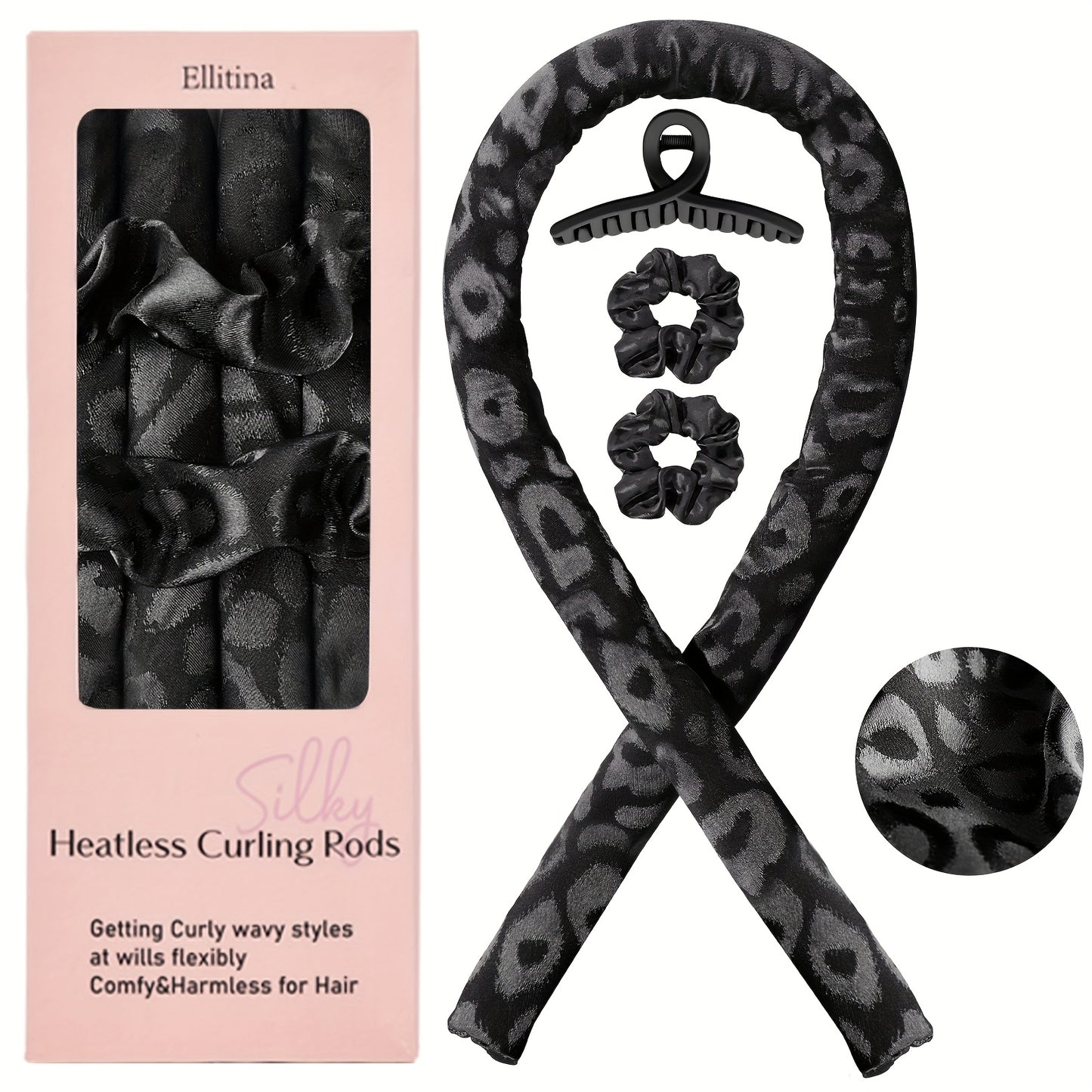 Ellitina 4pcs Spring-Summer Heatless Curling Set - No-Heat Overnight Waves & Satin Travel Kit | Sleep-Soft Adjustable Rod & Headbands (Leopard/Hearts) | DIY Vacation Curls Anywhere | Luxury Mother's Day gift