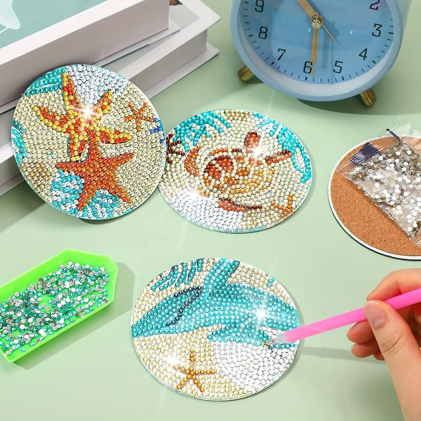 8pcs/set Diamond Painting Kit - DIY White Undersea World Coasters with 10x10cm/3.94x3.94inch Size, Holder, Washable, for Beginners, Adults & Art Craft Supplies