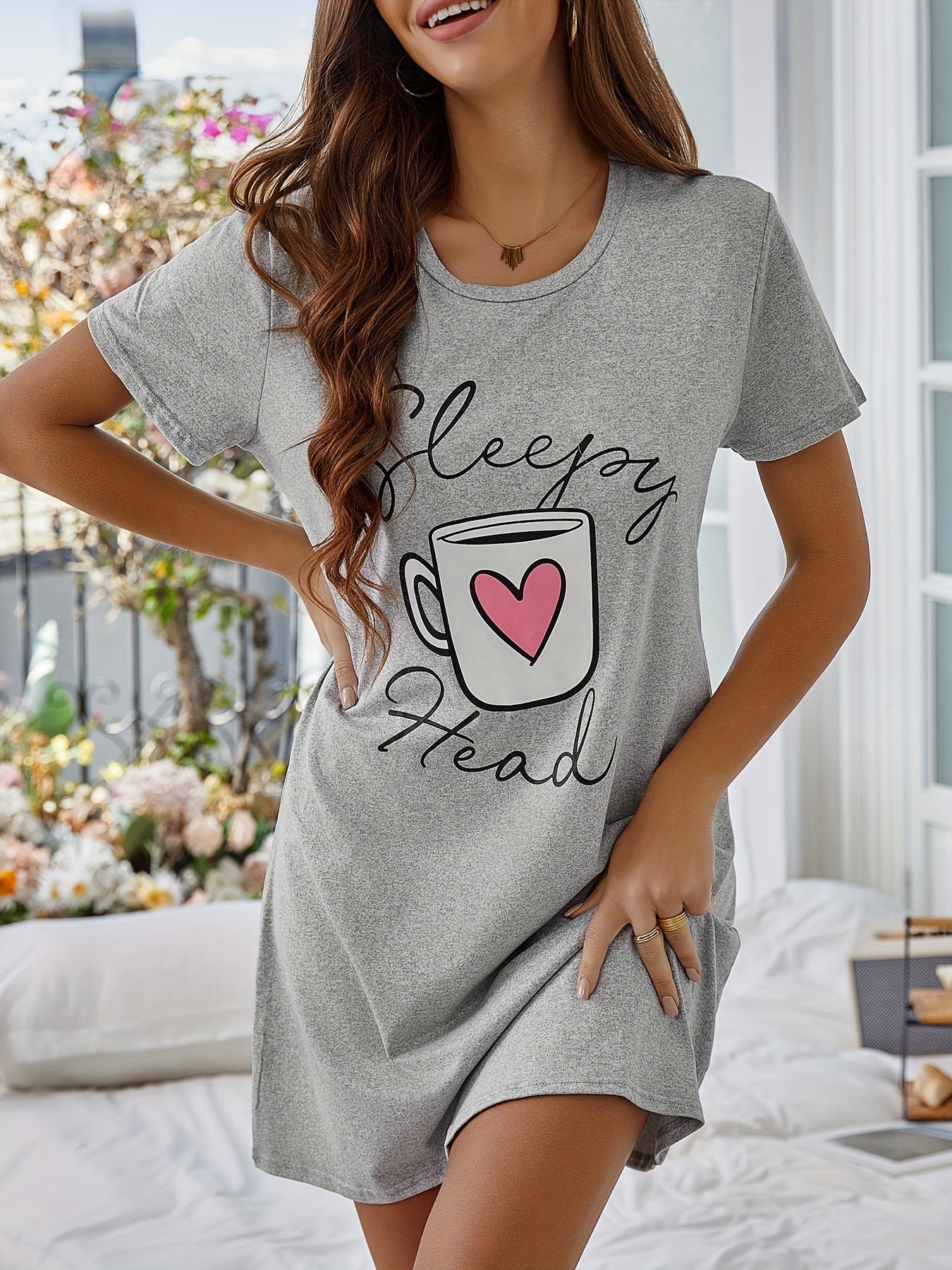 Cozy Printed Nightdress - Soft Short Sleeve Crew Neck Pajama Dress for Womens Comfortable Sleepwear and Lounging - Stylish Womens Dresses for a Relaxing Night In