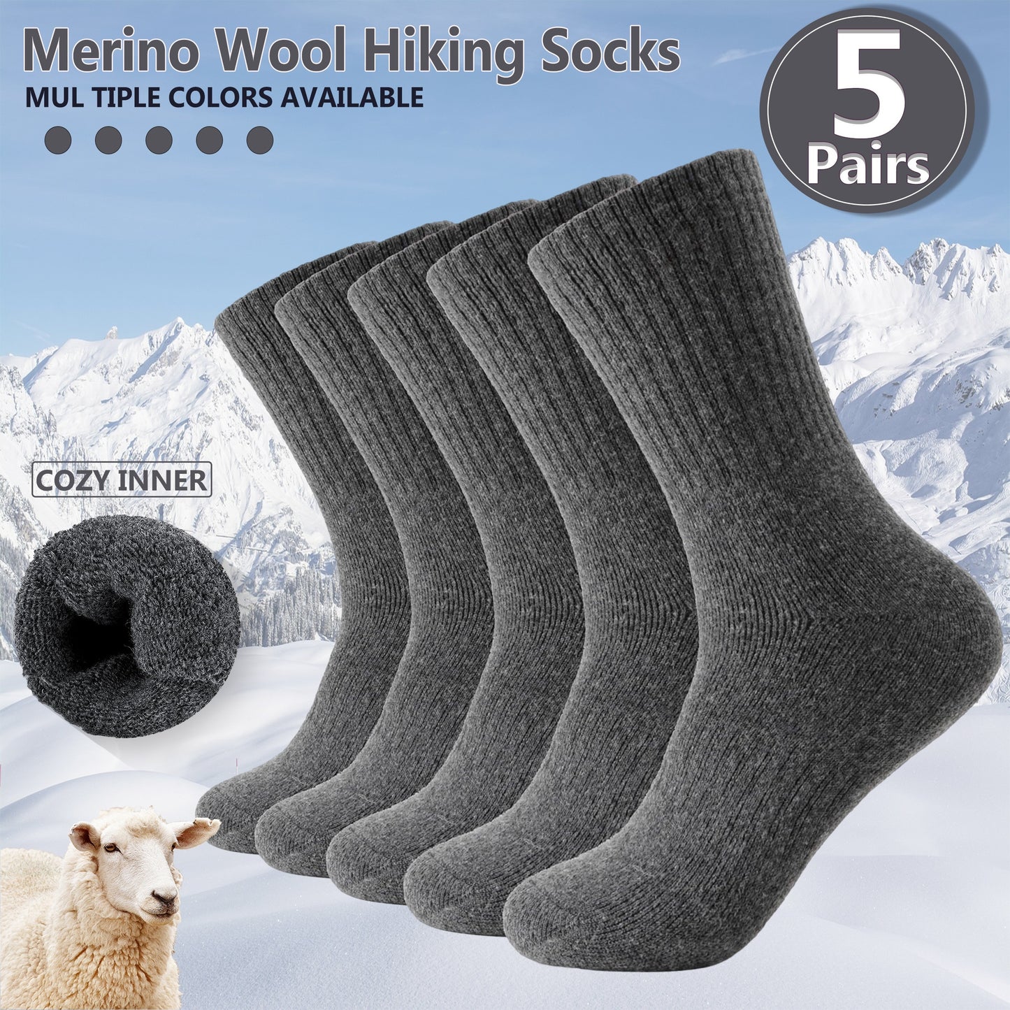 5 Pairs Merino Wool Hiking Socks, Thermal Warm Winter Thick Cushion Moisture Wicking Crew Boot Socks for Women, Perfect for Cold Weather, Winter Warm Essentials
